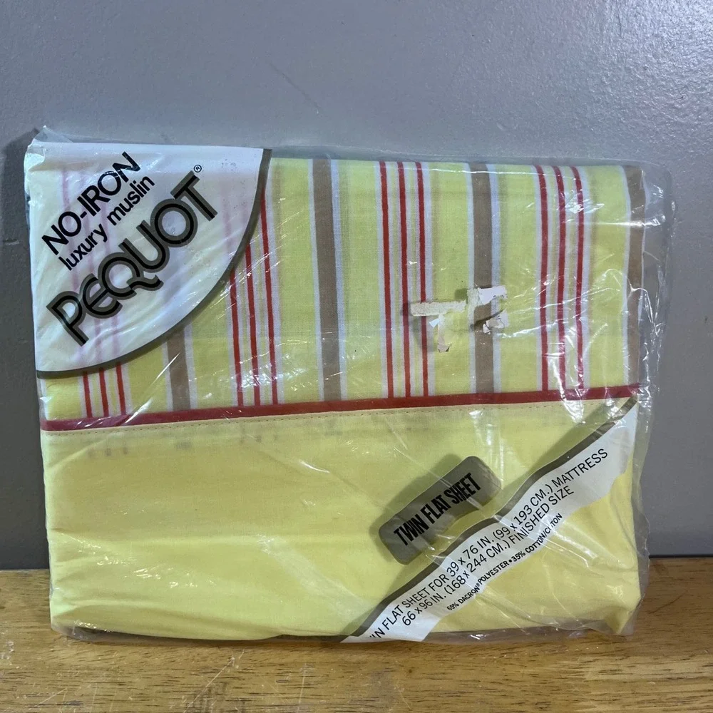 Vtg Pequot Studio Stripe Twin Flat Sheet Yellow Red Tan No-Iron Muslin NOS